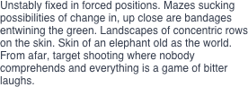 Unstably fixed in forced positions. Mazes sucking possibilities of change in, up close are bandages entwining the green. Landscapes of concentric rows on the skin. Skin of an elephant old as the world. From afar, target shooting where nobody comprehends and everything is a game of bitter laughs.