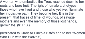 
A woman who embodies the Tree, reached down to her roots and bore fruit. The light of female archetypes, those who have lived and those who yet live, illuminate her inquisitive path. They become her. It is in the present, that traces of time, of wounds, of savage mothers and even the memory of those lost hands, germinate. (tr. P.B.)

(dedicated to Clarissa Pinkola Estés and to her “Women Who Run with the Wolves”)